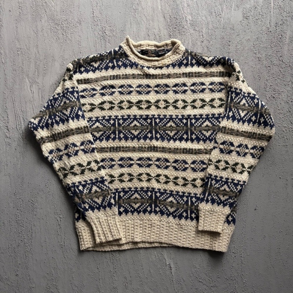 Vintage American Eagle Sweater XL Cream 1990s Fair Isle Knit Silk Wool
